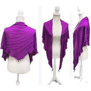 SOLD✨EILEEN FISHER | OS | Silk Magenta Tassle Pom Pom Triangle Fringe Scarf NWOT
